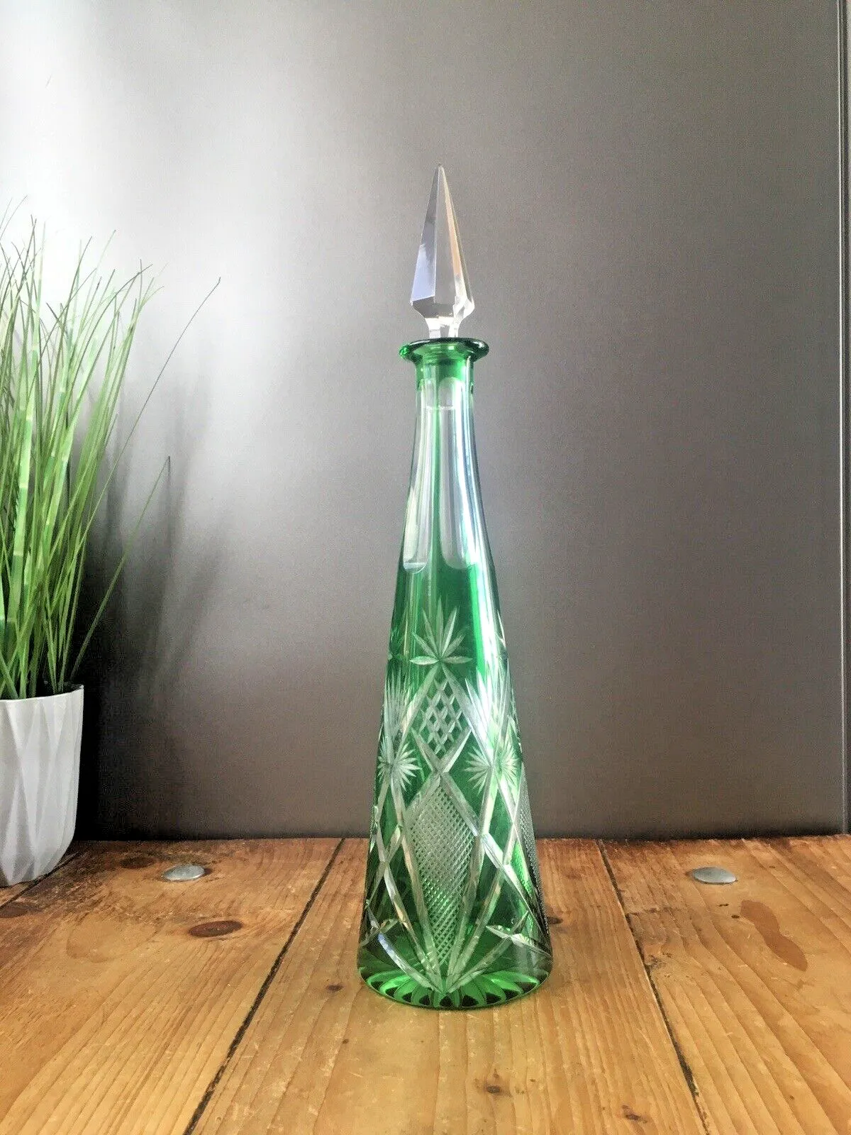 Stunning Antique Bohemian Crystal Green Cut To Clear Glass Decnater   St Louis ? photo 165.0