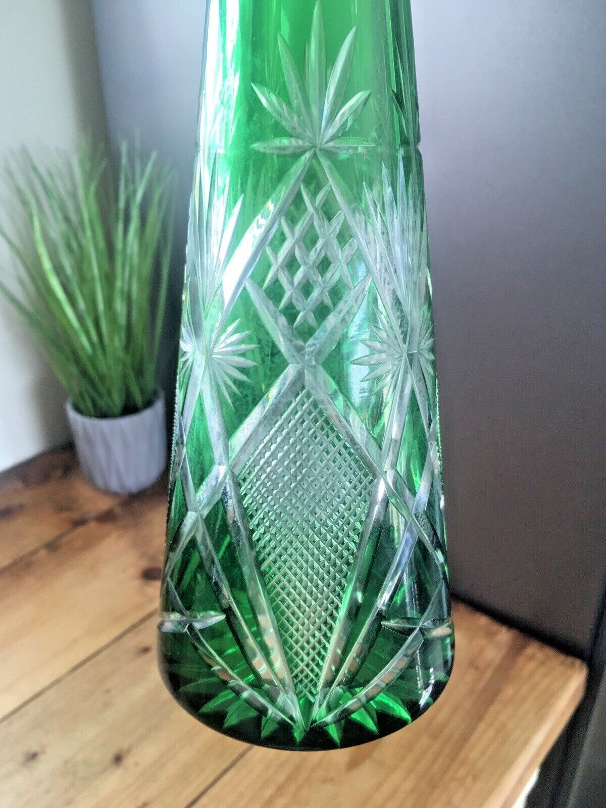 165.0 Stunning Antique Bohemian Crystal Green Cut To Clear Glass Decnater   St Louis ? photo