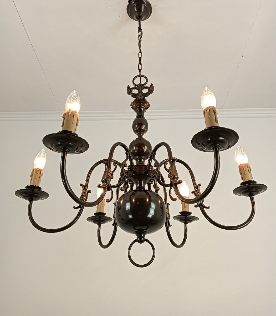 Flemish Dutch Chandelier 6 Arm Lights Brass Eagles Farm Countryhouse Style Vinta photo for sale