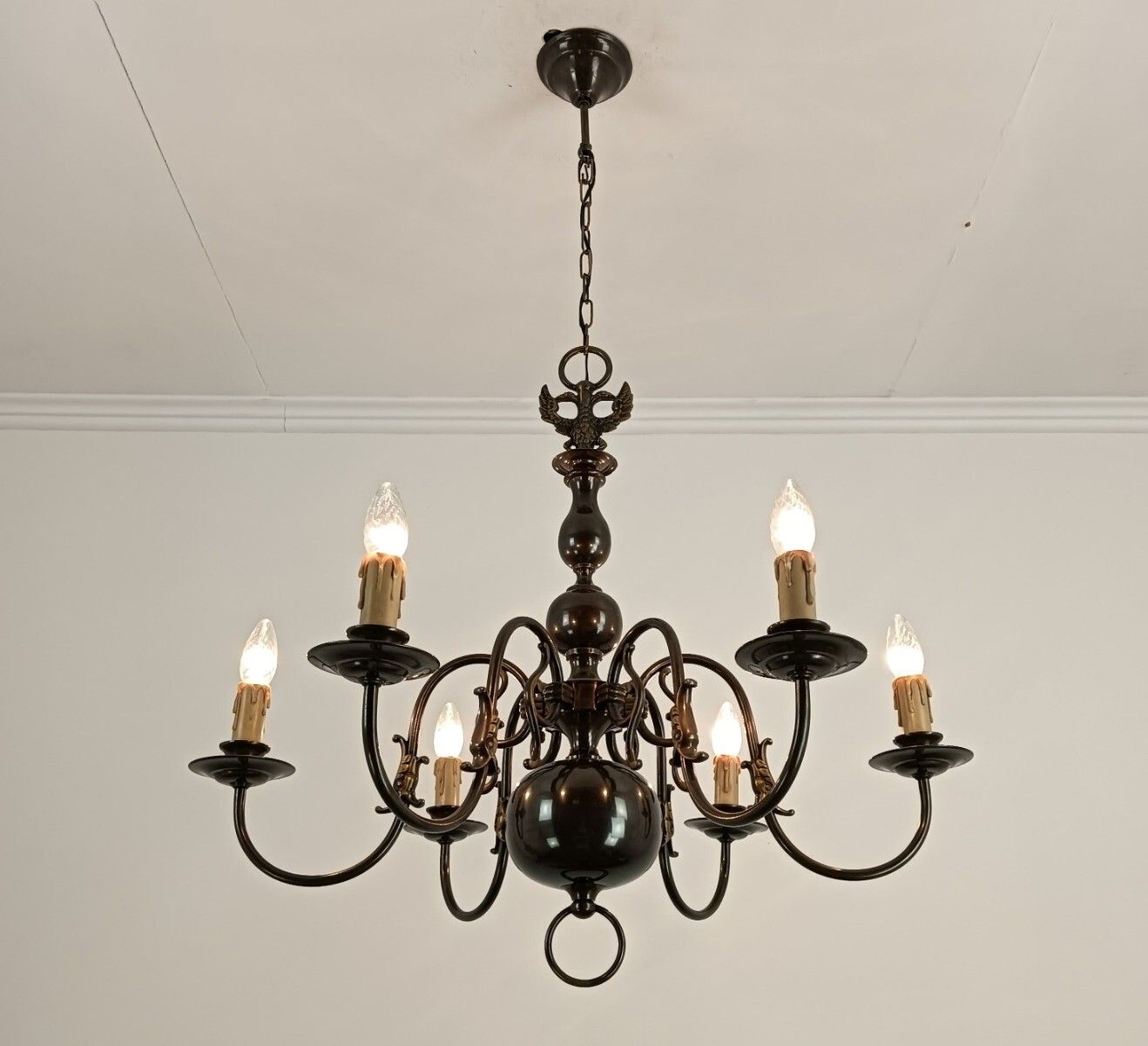 Flemish Dutch Chandelier 6 Arm Lights Brass Eagles Farm Countryhouse Style Vinta photo 485.0