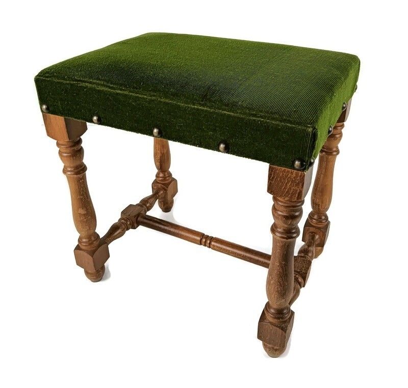 Vintage Foot Stool Ottoman Footstool Wood Green Velvet Fabric Hobnails Modernist