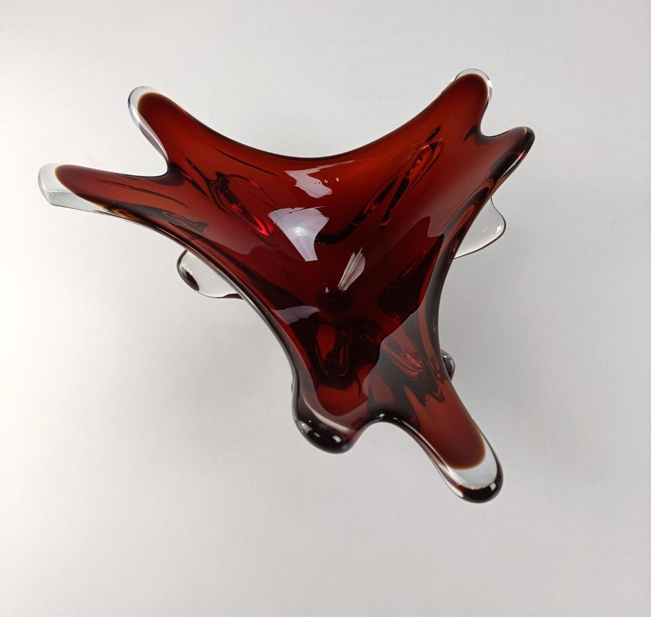 Italian Cranberry Clear Bowl Dish Centerpiece Murano Seguso Art Glass Modernist photo furniture