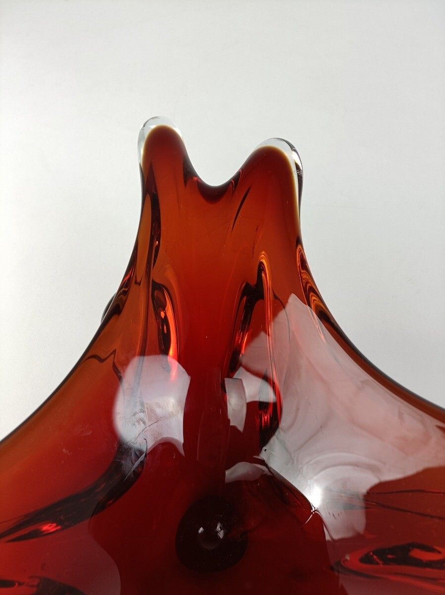 Italian Cranberry Clear Bowl Dish Centerpiece Murano Seguso Art Glass Modernist photo vinterior