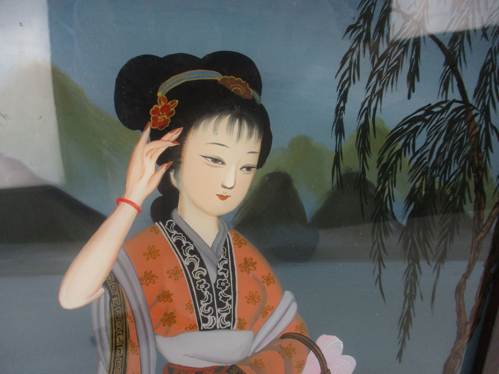 Antique Chinese Reverse Glass Painting Scroll Framed  Lady Ducks Lovely photo for sale
