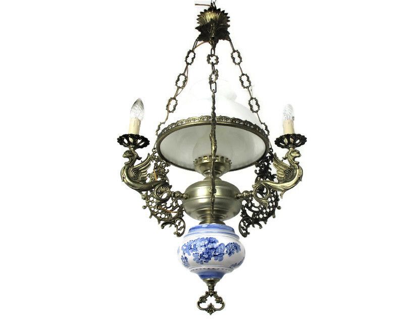Gothic Dragons Delft Blue White Porcelain Chandelier Lampe Belge 4 Lights Wow