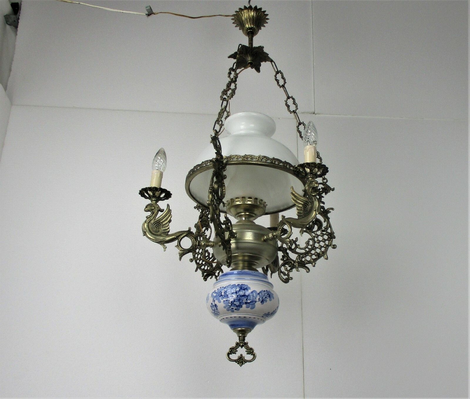 Gothic Dragons Delft Blue White Porcelain Chandelier Lampe Belge 4 Lights Wow photo for sale