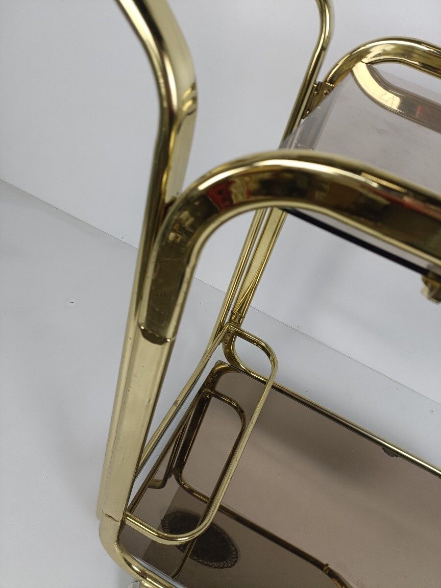 Bar Cocktail Tea Cart Trolley Hollywood Regency Kitchen Island Brass Smoked Glas photo vintage