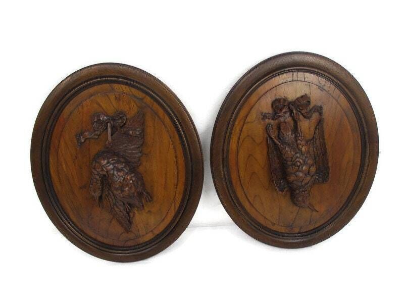 Pair Hand Carved Wooden Medallions Wall Panel Bas High Relief Tableaux Hunt Phea