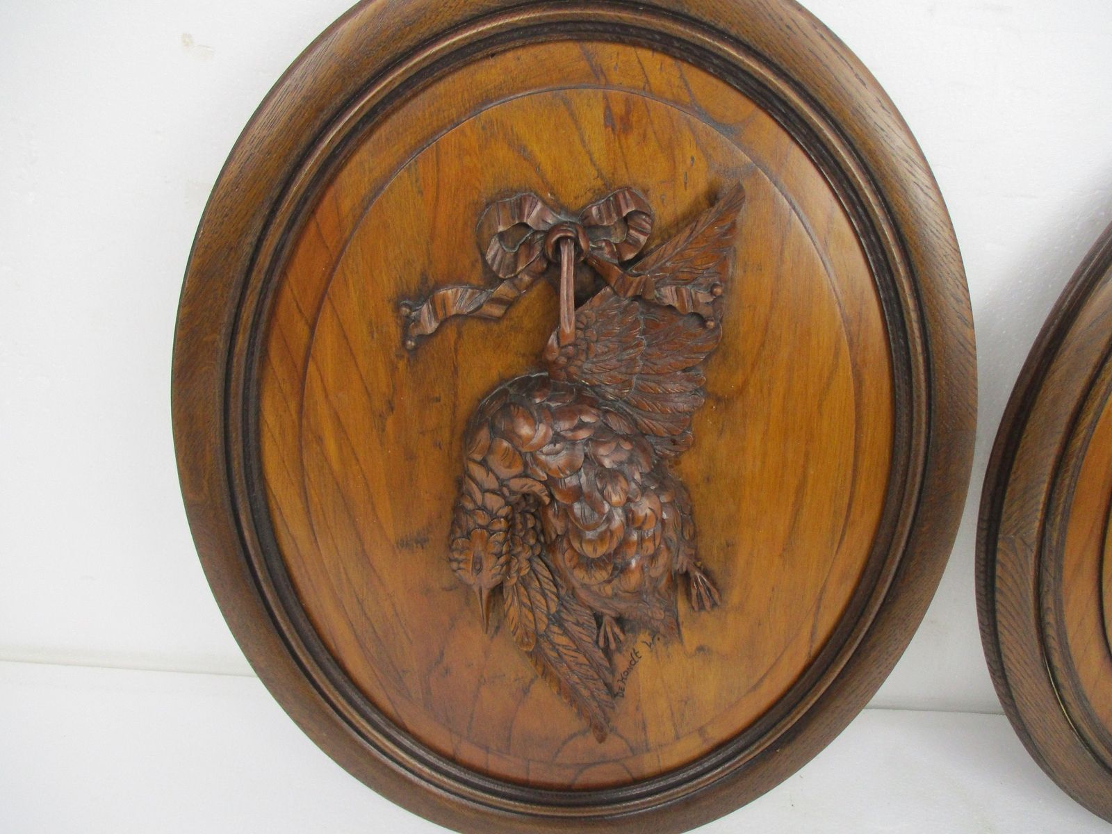 Pair Hand Carved Wooden Medallions Wall Panel Bas High Relief Tableaux Hunt Phea photo for sale