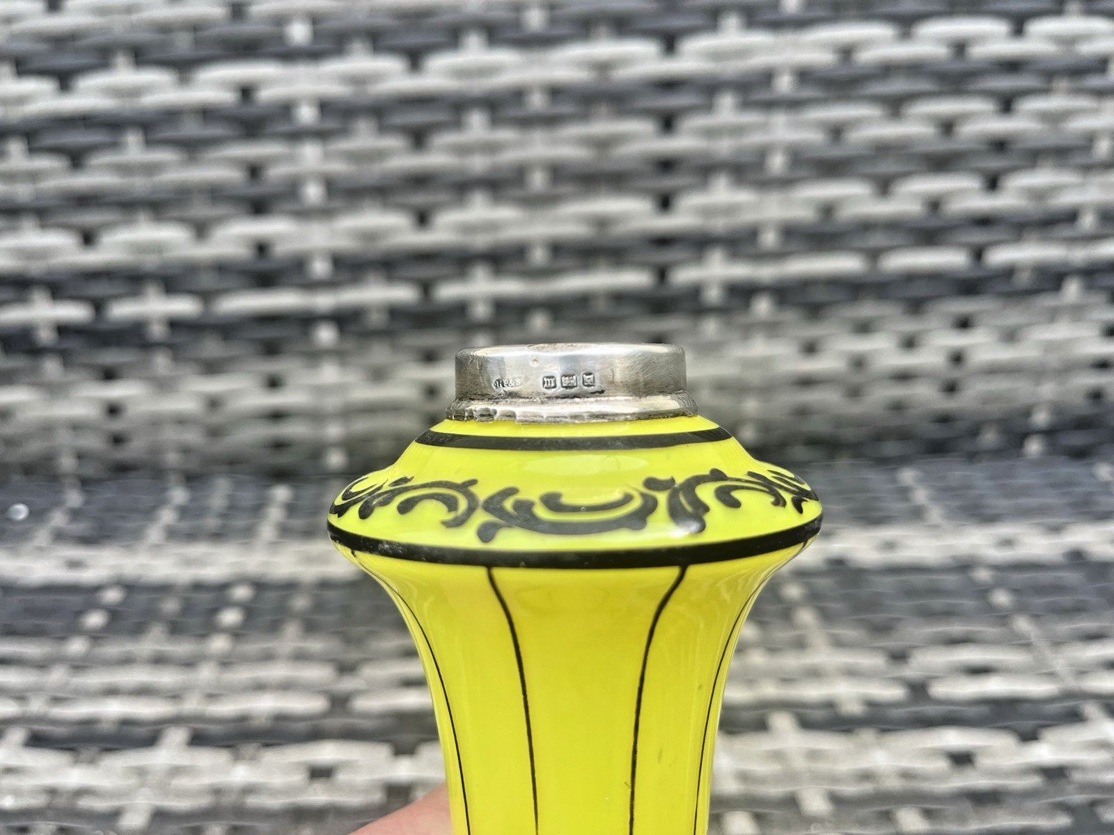Art Deco Bohemian Silver Rim Czech Yellow Tango Glass Pinstripe Vase Loetz Welz photo vintage