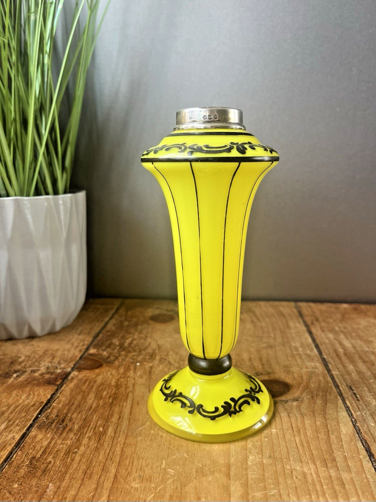 photo buy Art Deco Bohemian Silver Rim Czech Yellow Tango Glass Pinstripe Vase Loetz Welz