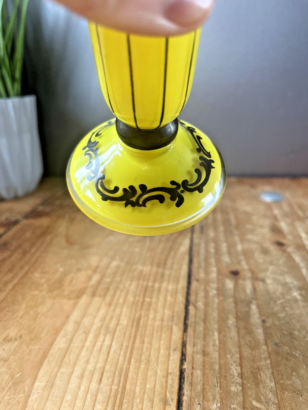 photo vintage Art Deco Bohemian Silver Rim Czech Yellow Tango Glass Pinstripe Vase Loetz Welz