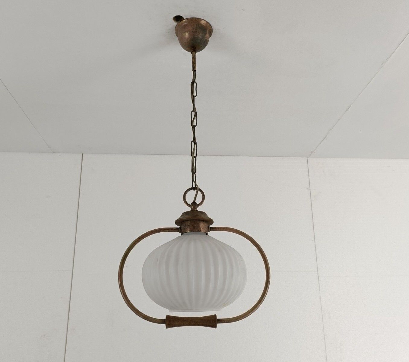 Danish Modernist  Chandelier Pendant Teak Brass Opaline Glass Atomic Louis Kalff photo furniture