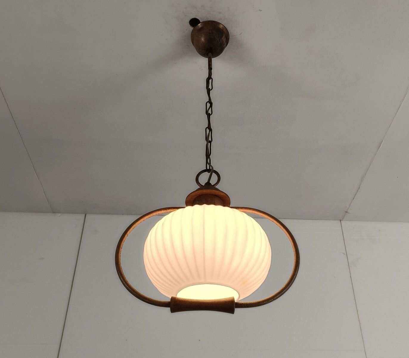 Danish Modernist  Chandelier Pendant Teak Brass Opaline Glass Atomic Louis Kalff photo for sale