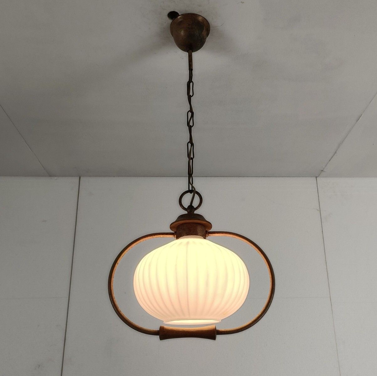 Danish Modernist  Chandelier Pendant Teak Brass Opaline Glass Atomic Louis Kalff photo Lighting