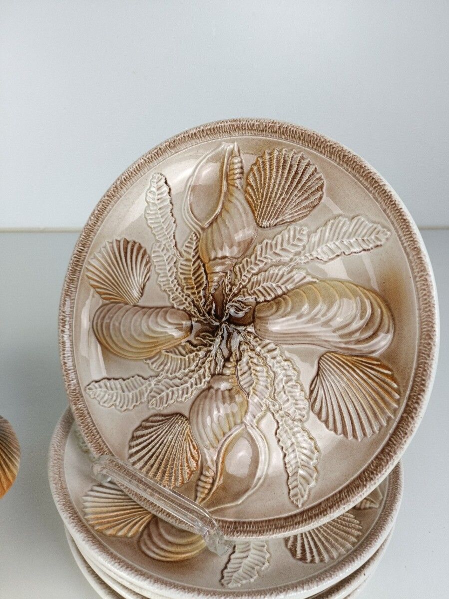 5 Lobster Seafood Plates Dish Set Plates  Plus Lobster Pot Vintage French Porcel photo for sale