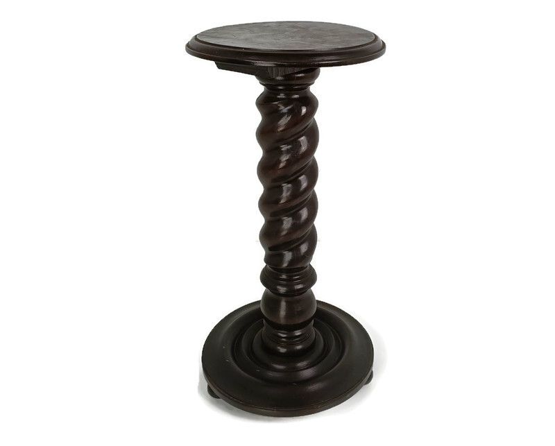 Hand Carved Wood Barley Twist Pedestal Display Side Table Plant Stand Barn Farmh