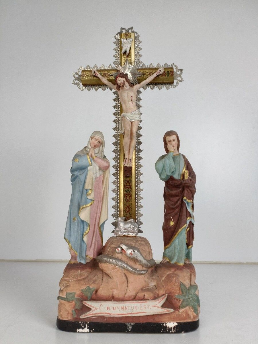 Calvary Crucifix Christ Crucifixion Mary Magdalene St John The Apostle  Plaster photo furniture