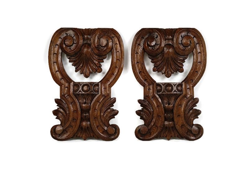 Two Hand Carved Wooden Trims Panels Pediments Corbels Antique Flowers Gorgeous O