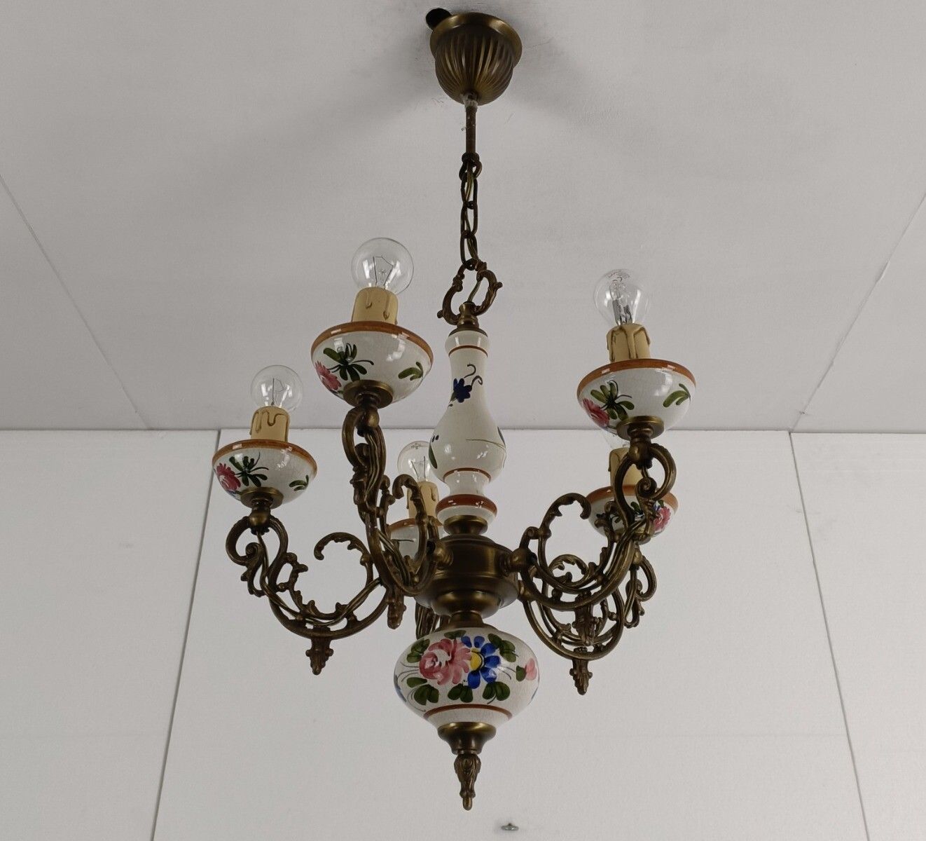Italian Ceramic Polychrome Romantic Chandelier 5 Arms 5 Lights Brass Lovely photo Lighting