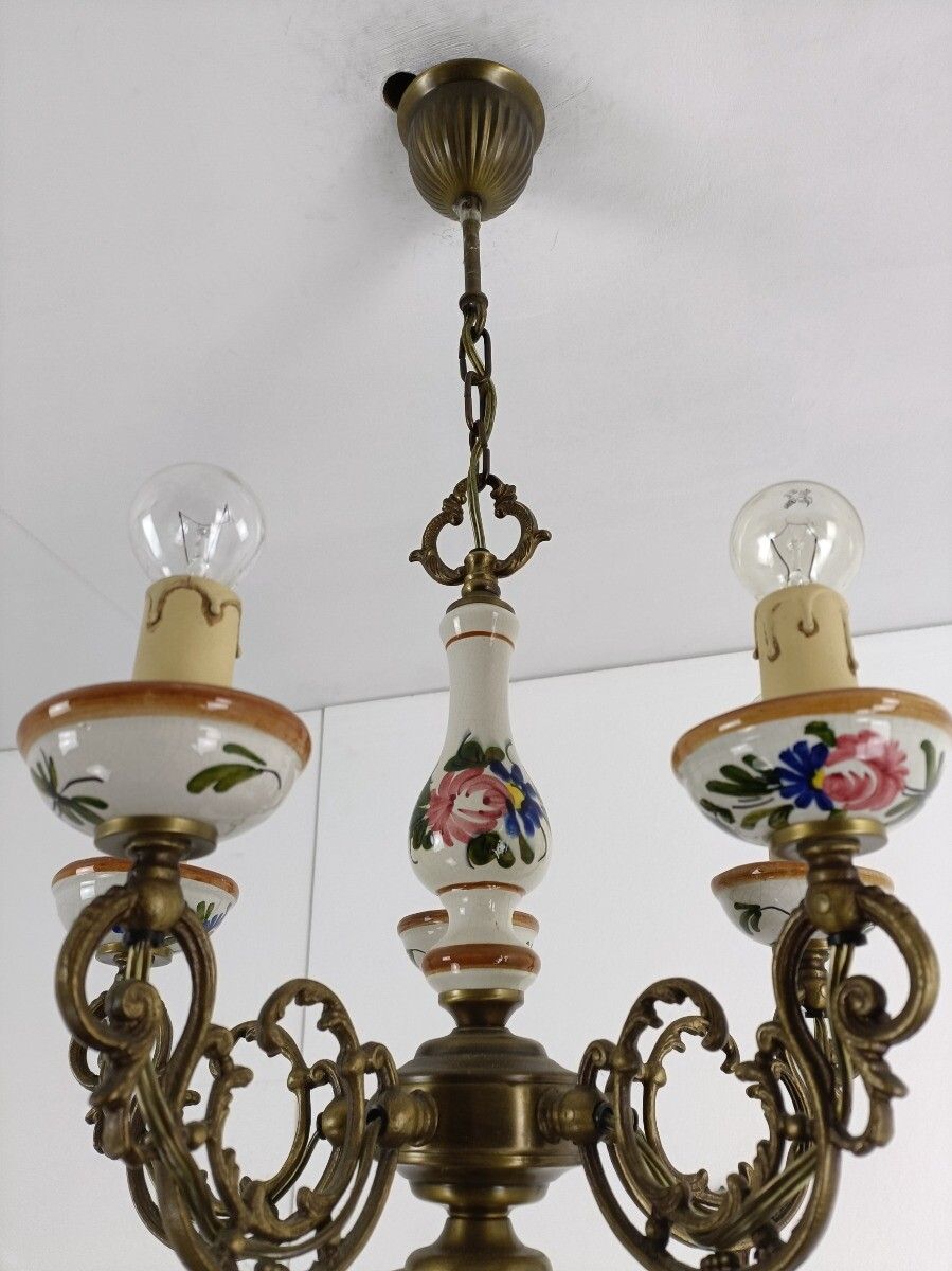 Italian Ceramic Polychrome Romantic Chandelier 5 Arms 5 Lights Brass Lovely photo vintage