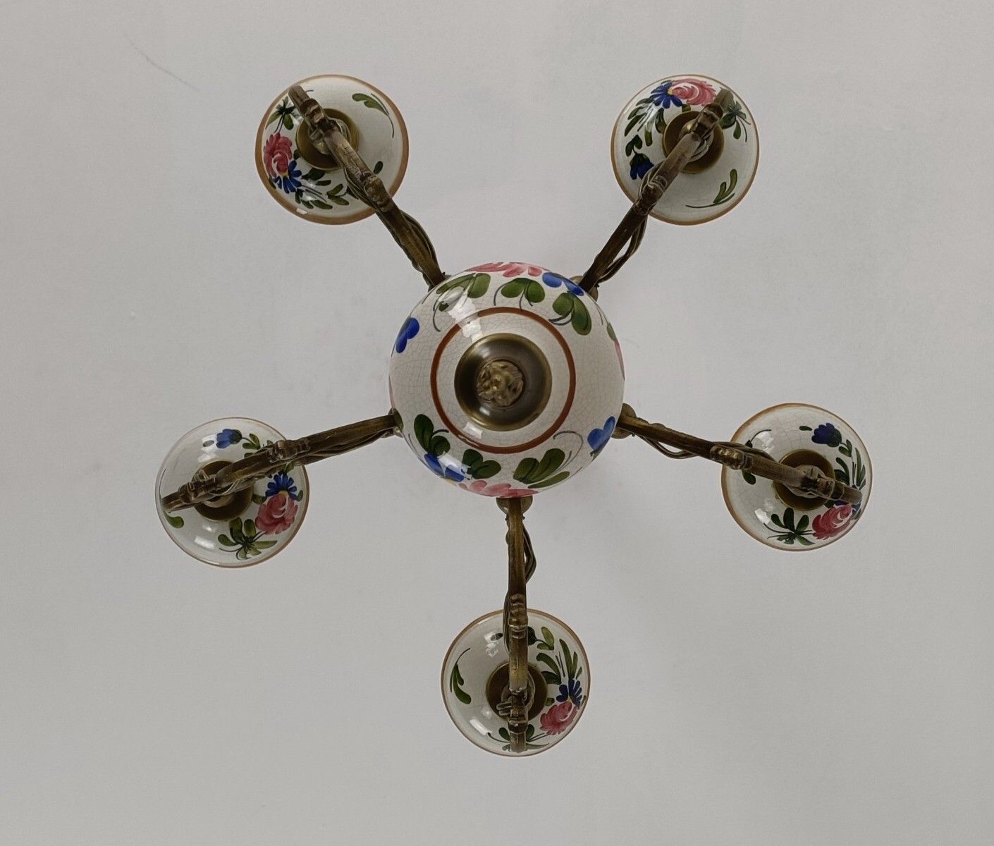 Lighting Italian Ceramic Polychrome Romantic Chandelier 5 Arms 5 Lights Brass Lovely photo