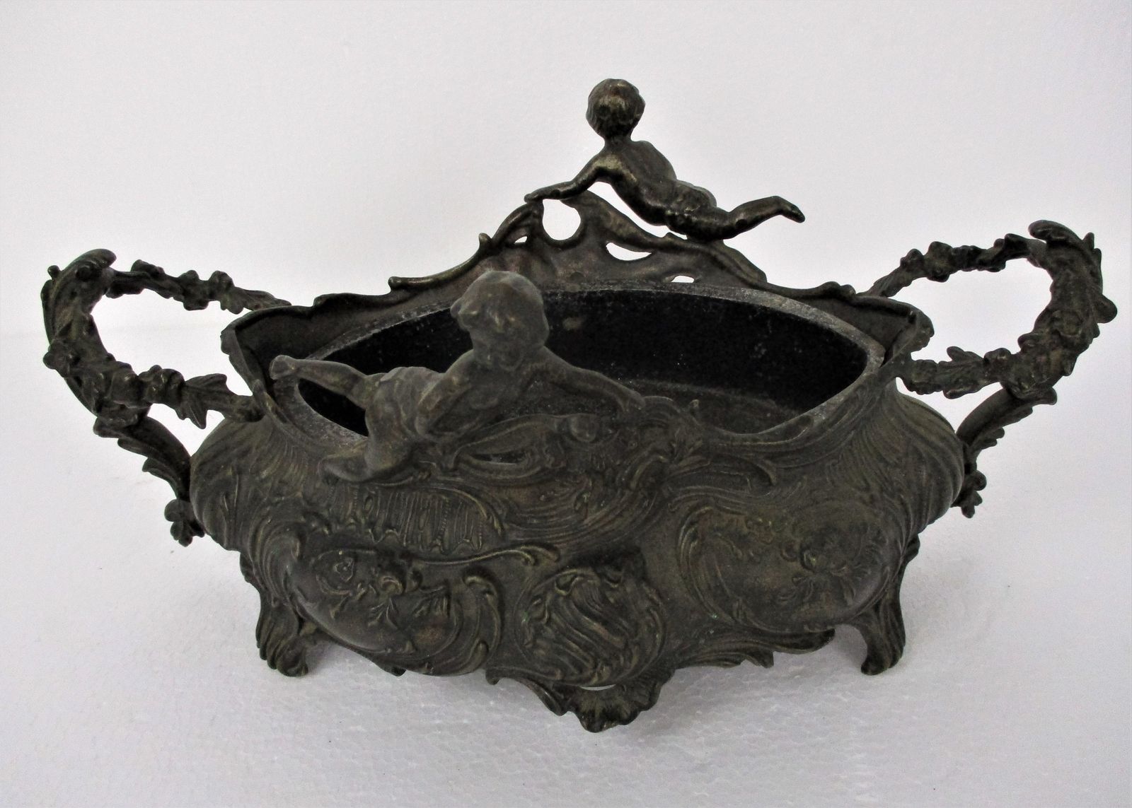 Art Nouveau French Planter Jardinière Ornate Embossed Centerpiece Brass Putti C photo furniture