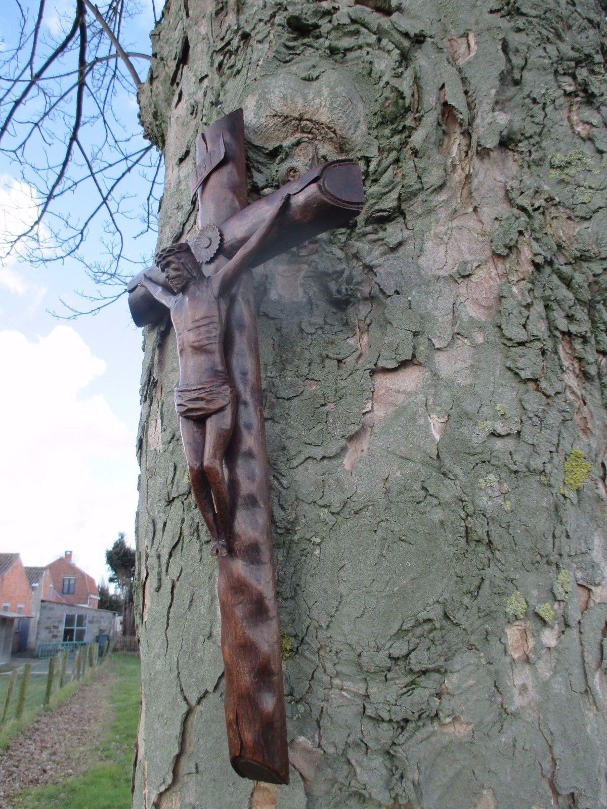 Large Completely Carved Wood Hanging Crucifix Cross Jesus Christ 26.77" photo buy