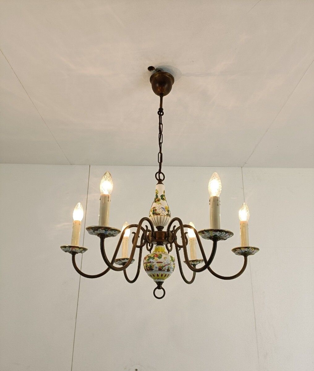 Chandelier 6 Arm Lights Brass Porcelain Flowers Italian Italy Capodimonte Style photo for sale