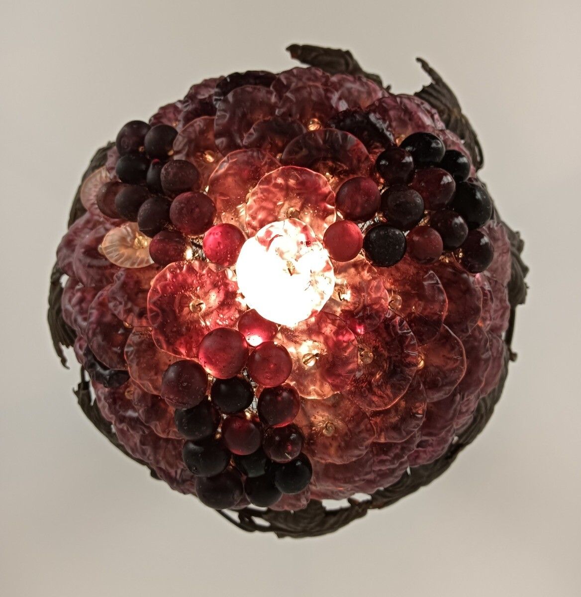 Vintage Chandelier Fixture Wrought Iron Glass Purple Grapes Iron Leafs Modernist photo 445.0