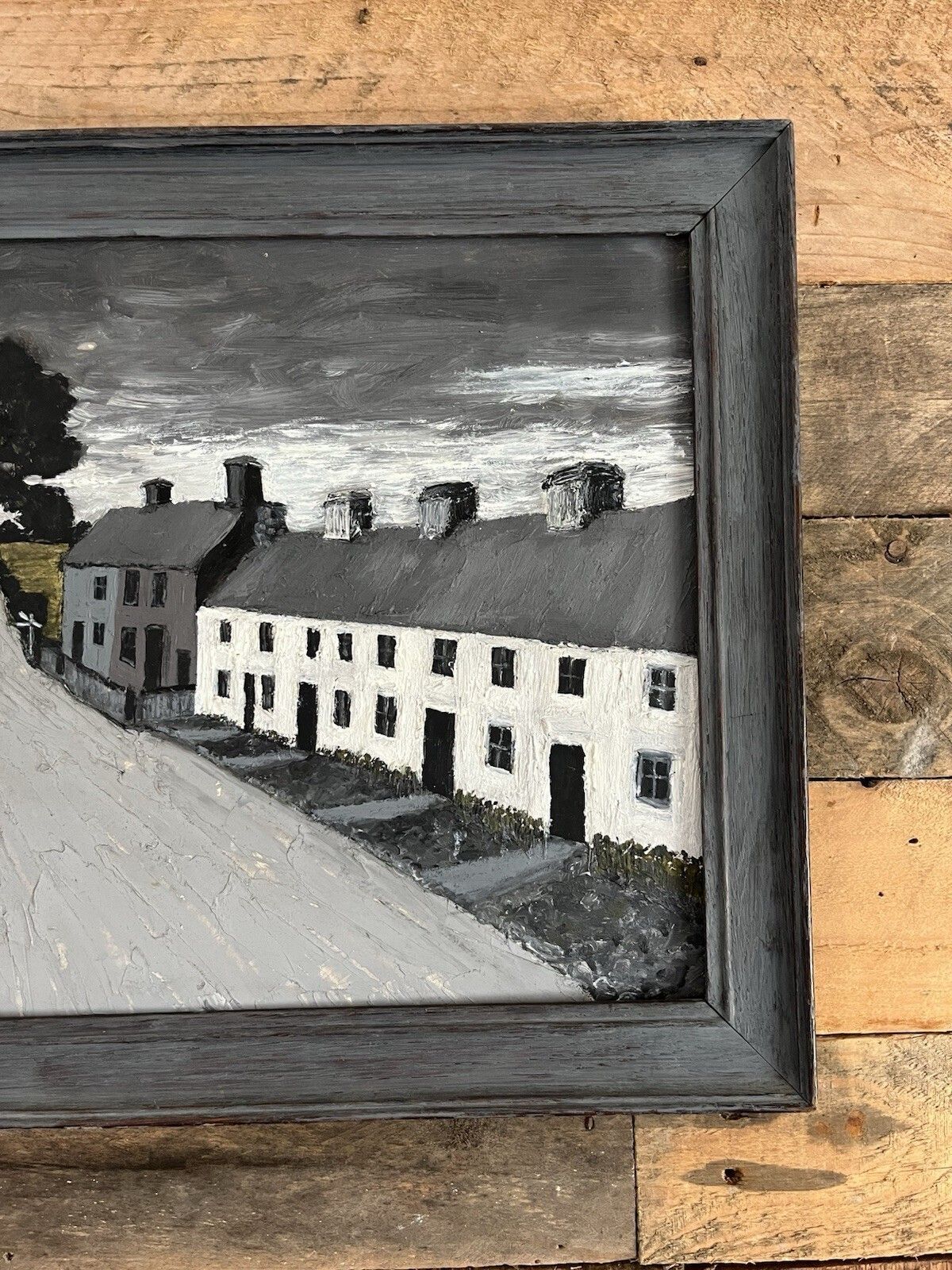 Original Vintage Framed Oil On Board Painting Naive Welsh Village Signed Guto photo for sale