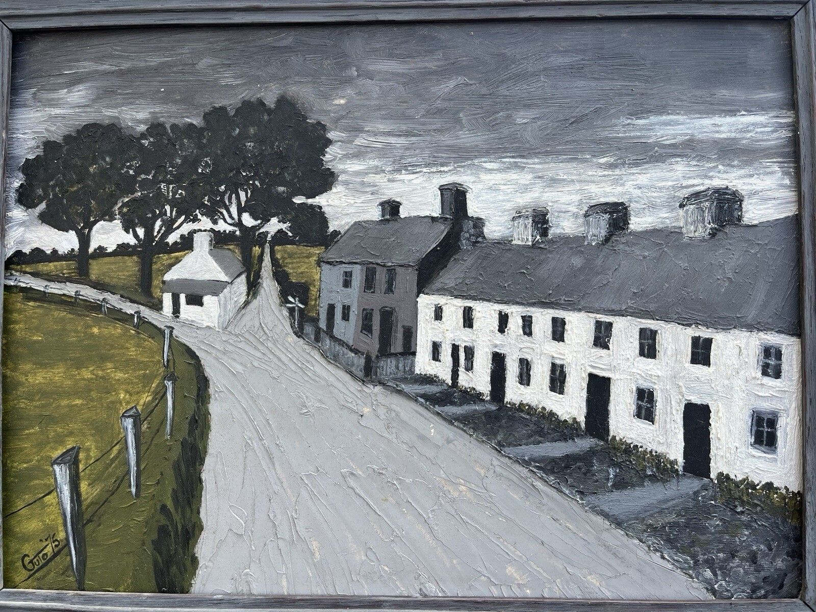 Original Vintage Framed Oil On Board Painting Naive Welsh Village Signed Guto photo buy