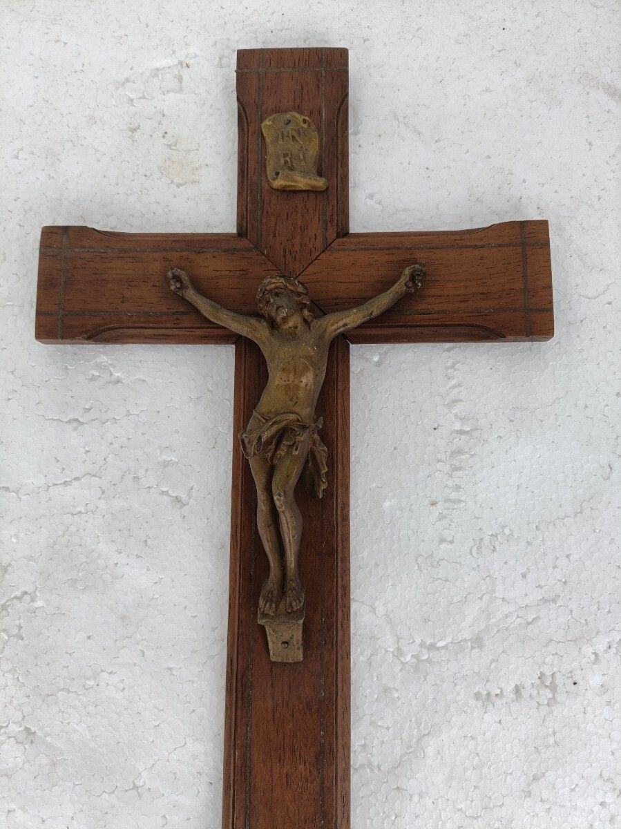 Hanging Crucifix Hand Carved Wood Brass Corpus Copper Inlay Beautiful Antique photo furniture