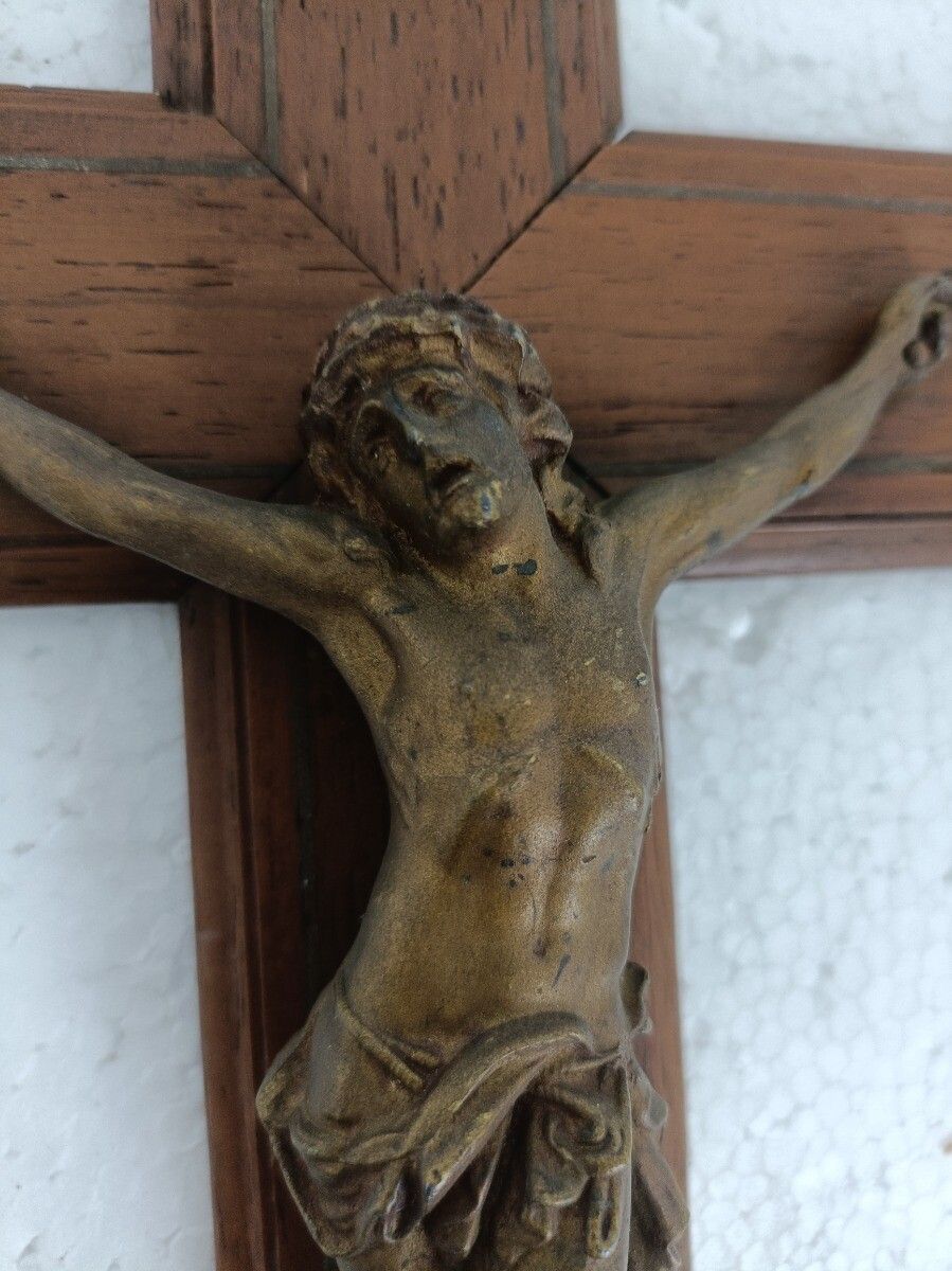 Hanging Crucifix Hand Carved Wood Brass Corpus Copper Inlay Beautiful Antique photo 101.0