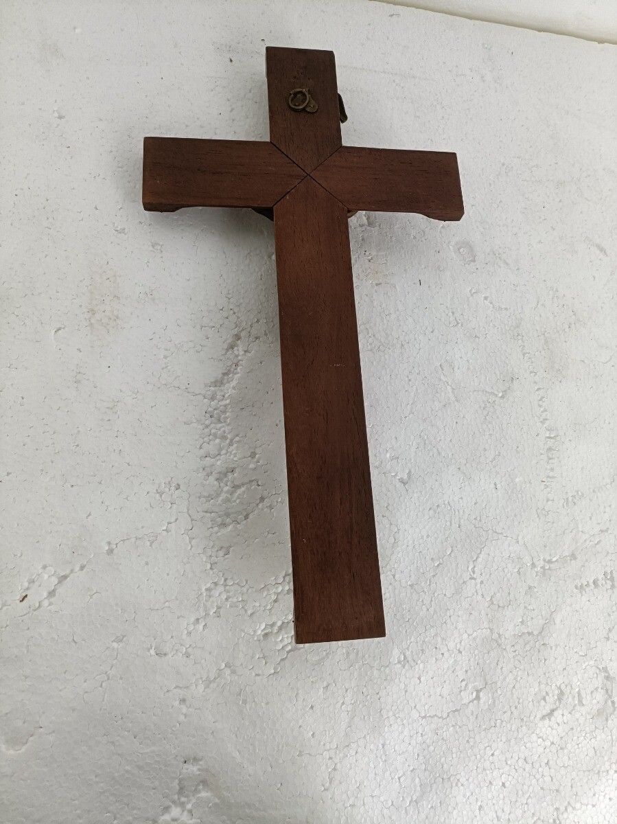 Hanging Crucifix Hand Carved Wood Brass Corpus Copper Inlay Beautiful Antique photo vintage