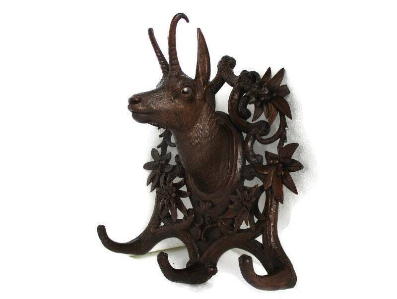 Black Forest Sculpture Figurine  Hat Coat Rack Hand Carved Deer Roe Buck Stag Gl