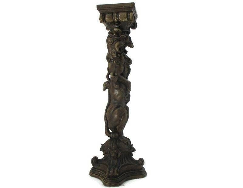 Gothic Large Exceptional Antique Plaster Doré Base Pedestal For Statue  Lion He