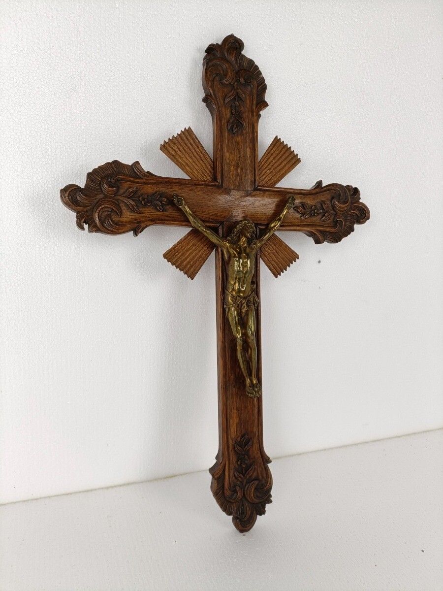 Large Hanging Crucifix Cross French Ornate Hand Carved Wood Brass Corpus photo for sale