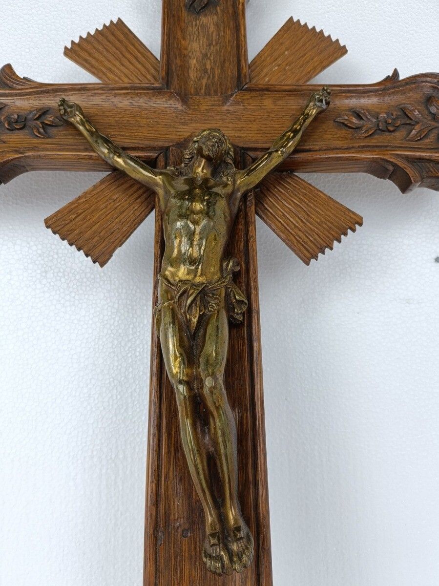 Large Hanging Crucifix Cross French Ornate Hand Carved Wood Brass Corpus photo Art