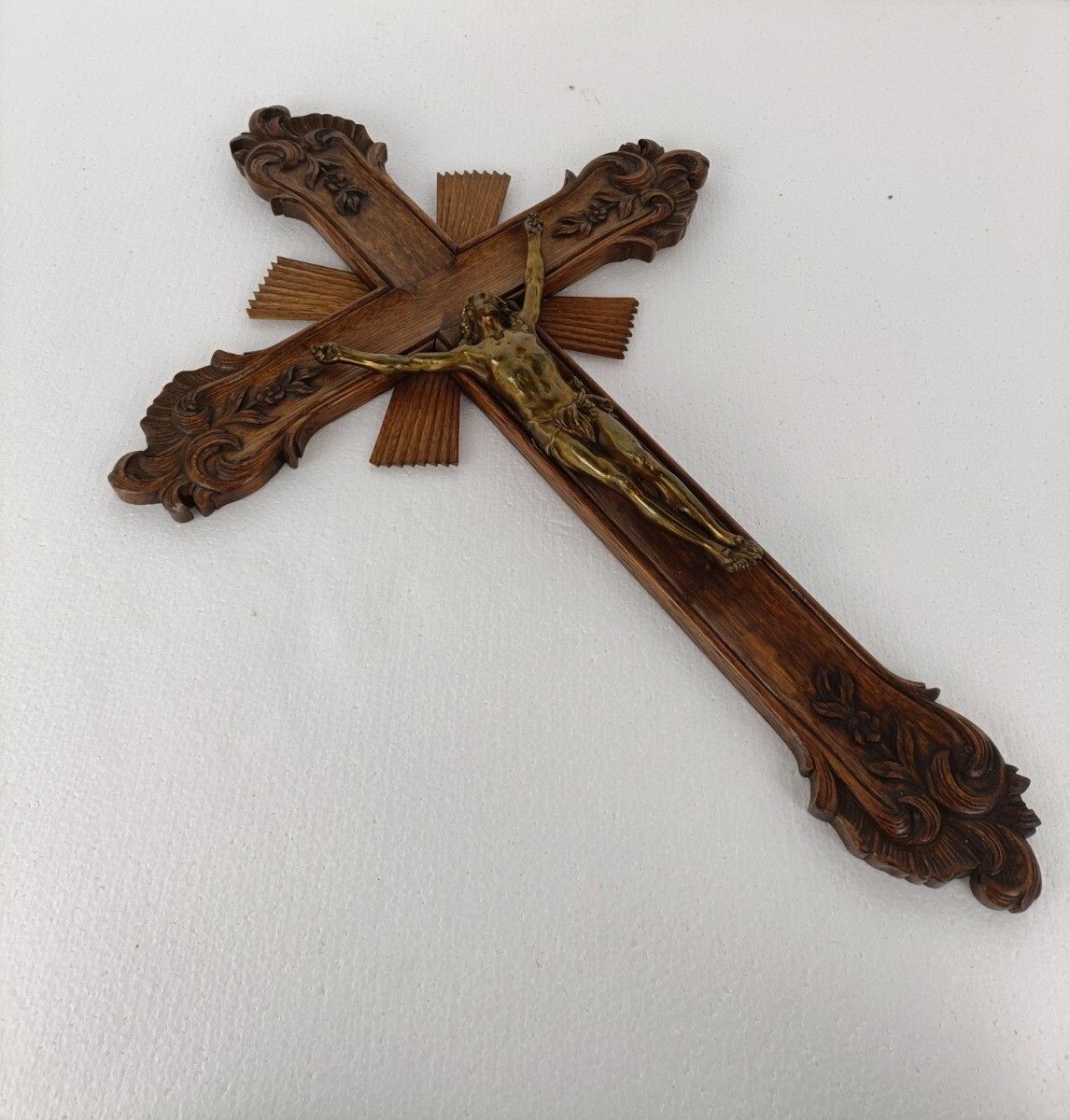 Large Hanging Crucifix Cross French Ornate Hand Carved Wood Brass Corpus photo 404.0