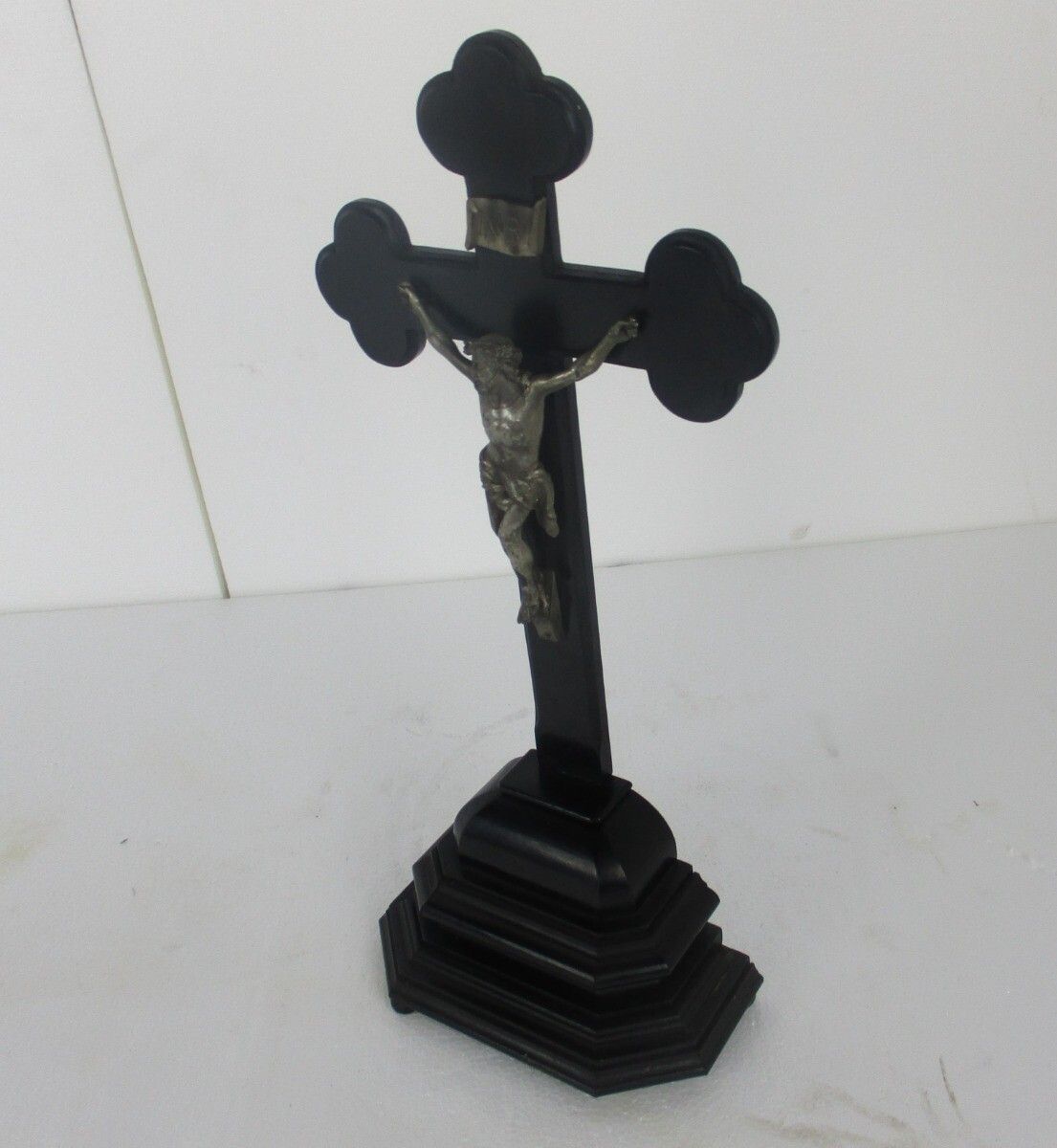 Antique Standing Crucifix Wood  Corpus Christi Hand Carved French Fleur De Lis photo buy