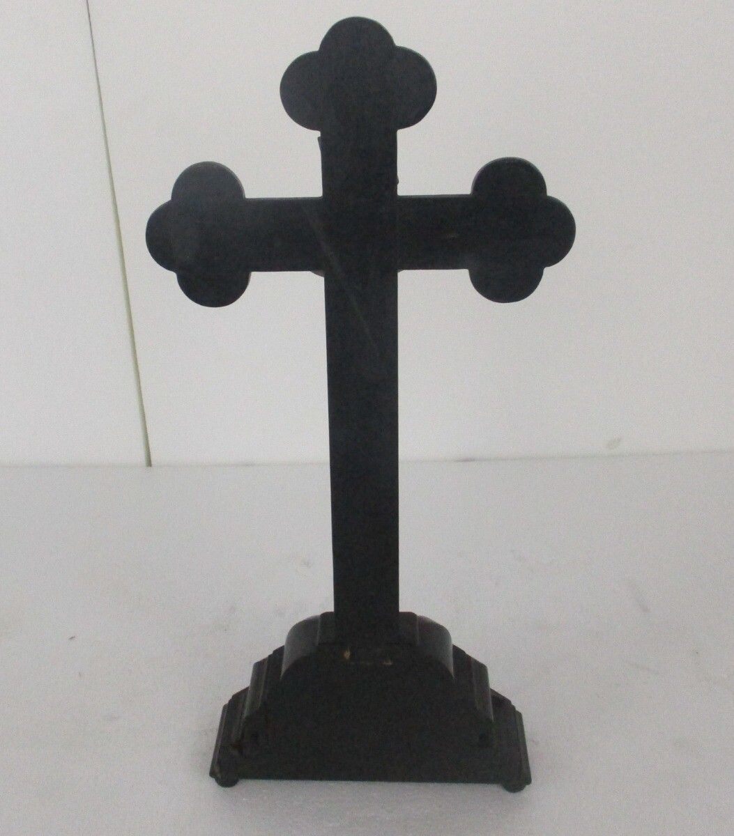 Antique Standing Crucifix Wood  Corpus Christi Hand Carved French Fleur De Lis photo vintage
