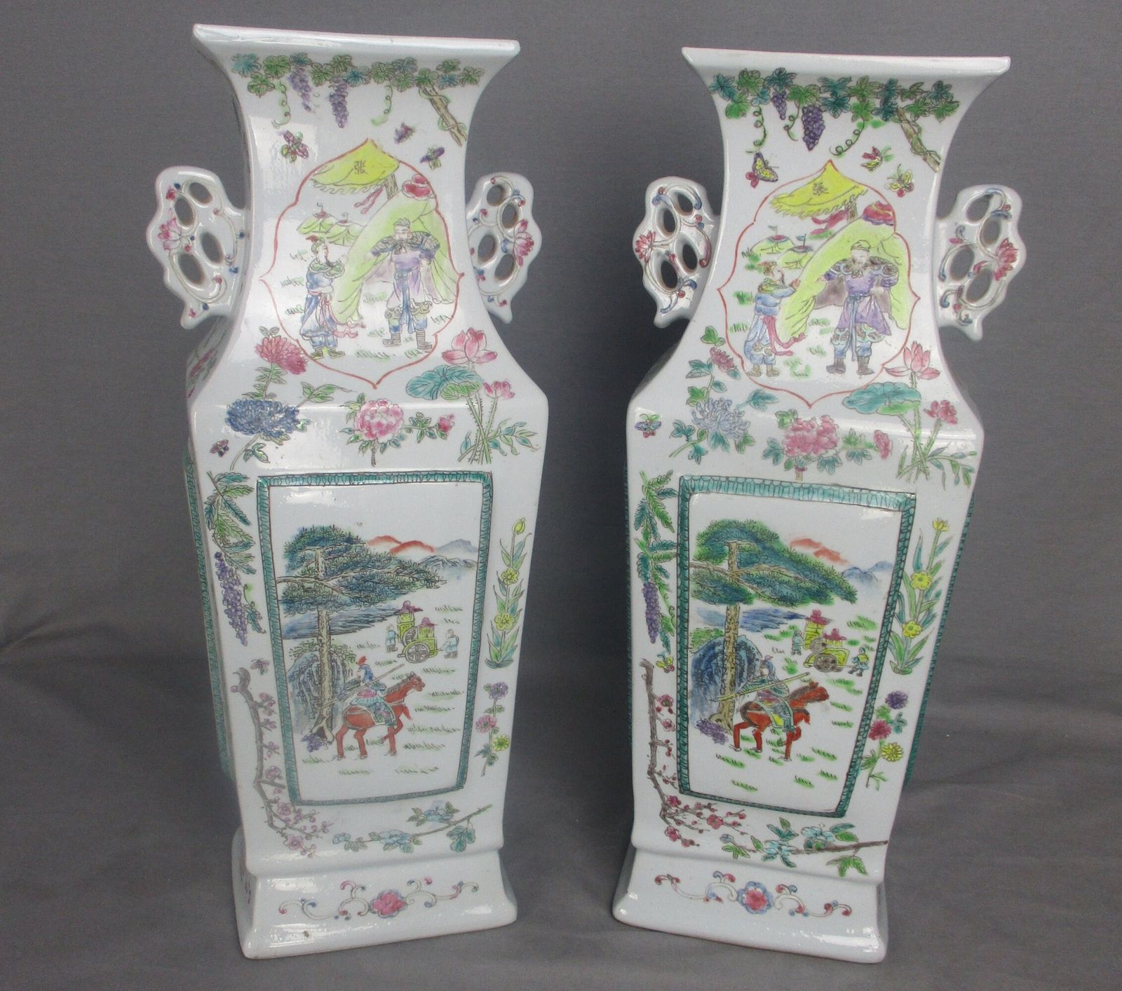 Pair Chinese Porcelain Famille Rose Vases Square Vase 17" photo Home Decor