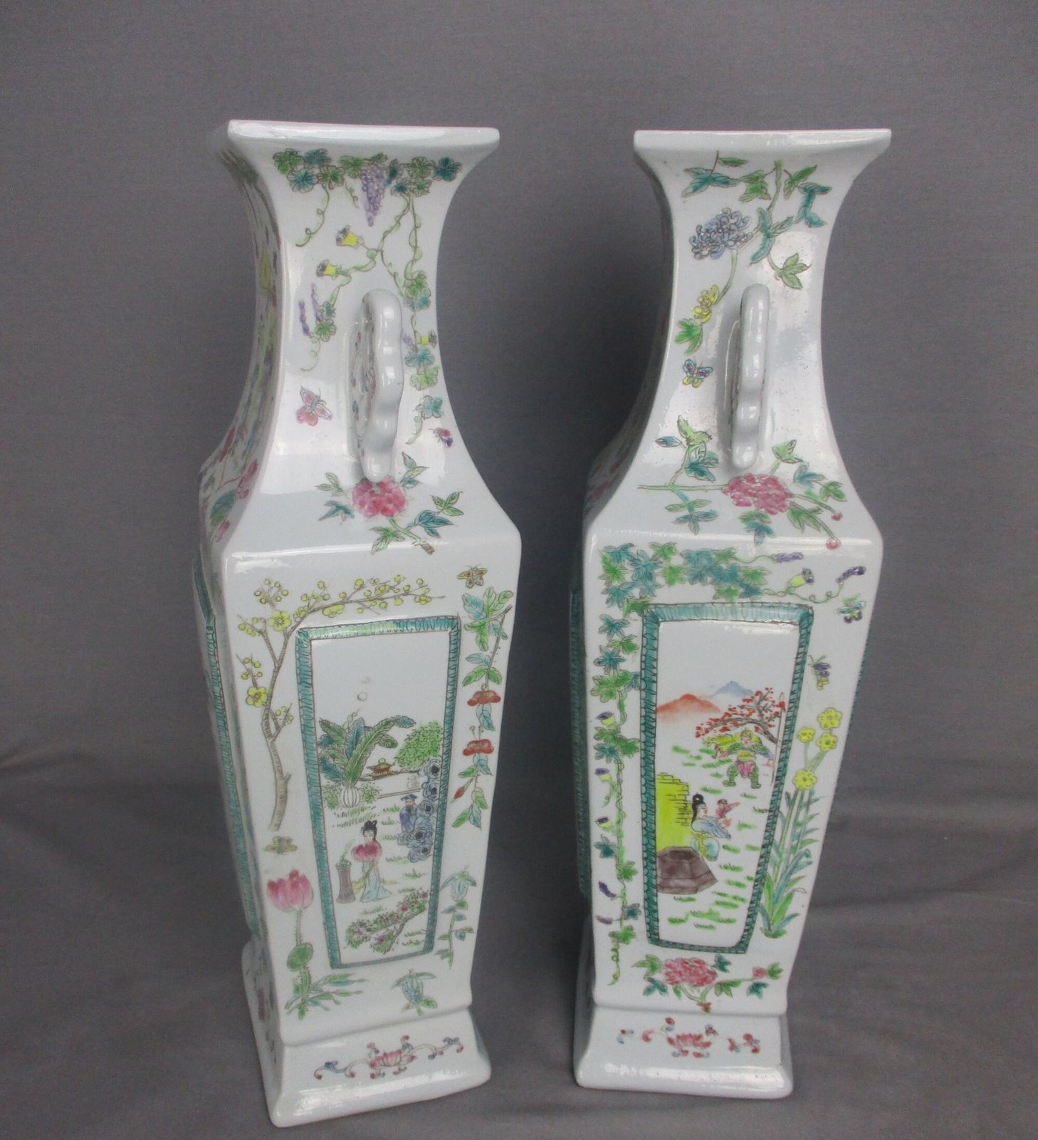 Pair Chinese Porcelain Famille Rose Vases Square Vase 17" photo 161.0
