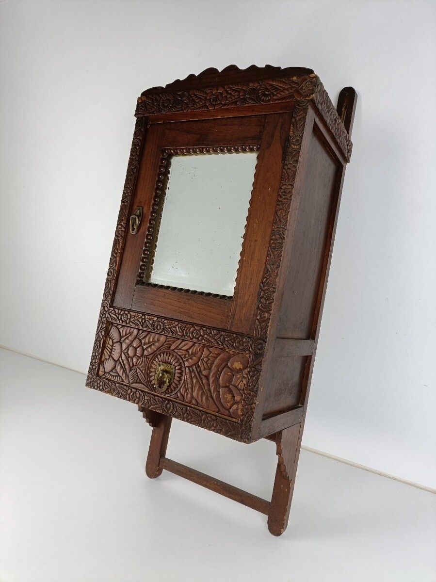 Gorgeous Hand Carved Ornate Wooden Medicine Apothecary Bathroom Cabinet Beveled photo furniture
