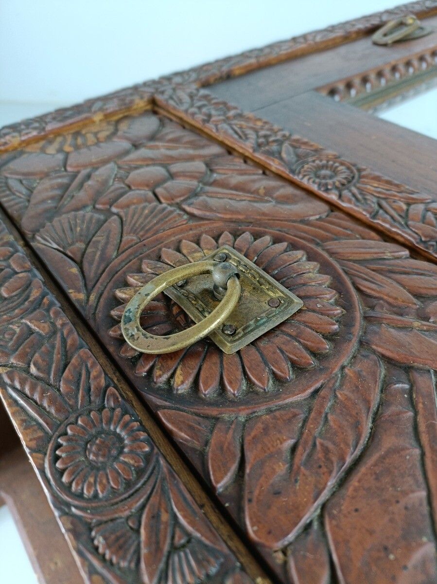 Gorgeous Hand Carved Ornate Wooden Medicine Apothecary Bathroom Cabinet Beveled photo vintage