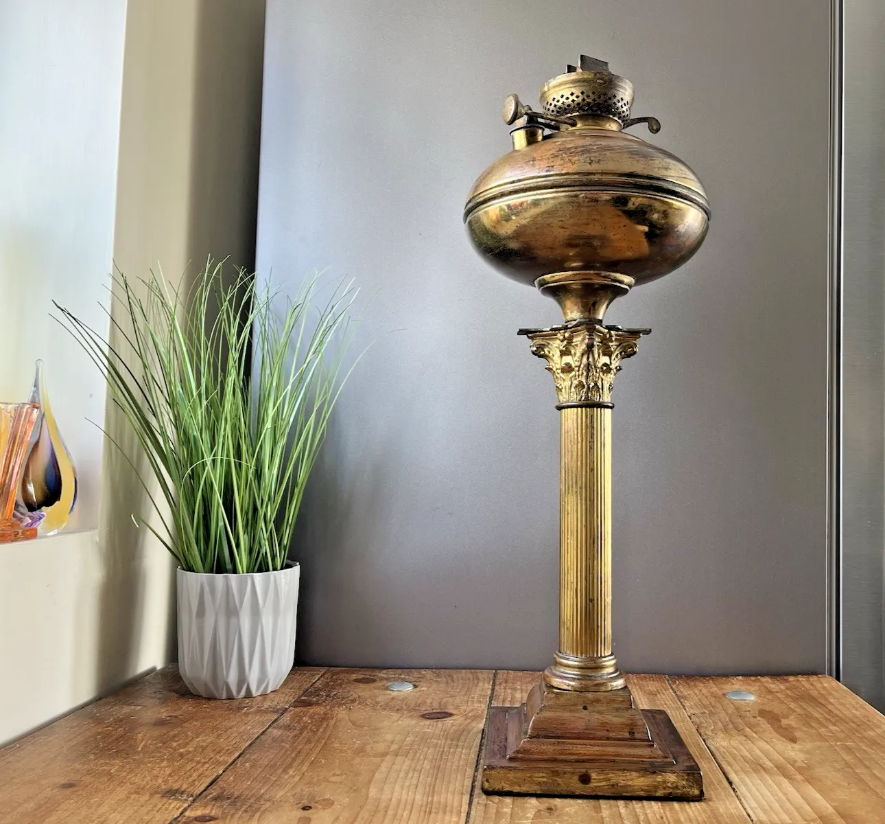 Large Antique Corinthian Column Table Oil Burner Lamp Acanthus Old Country House photo buy