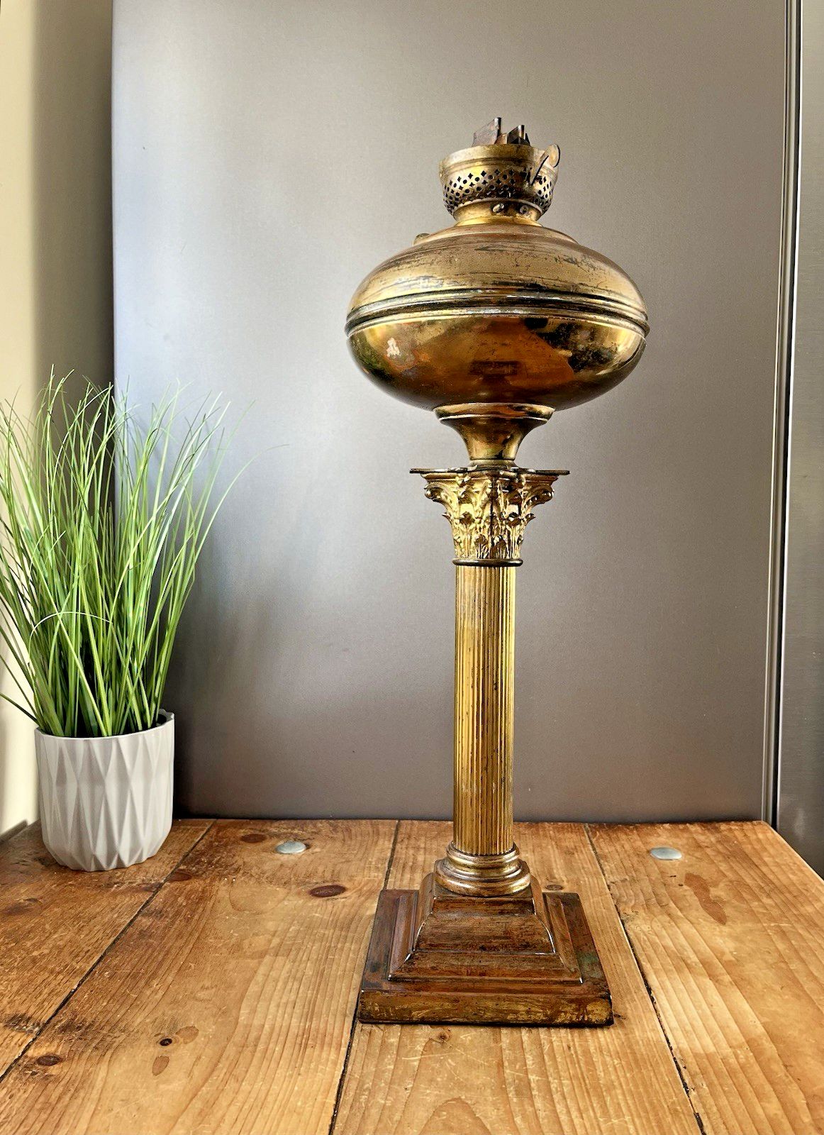 photo furniture Large Antique Corinthian Column Table Oil Burner Lamp Acanthus Old Country House