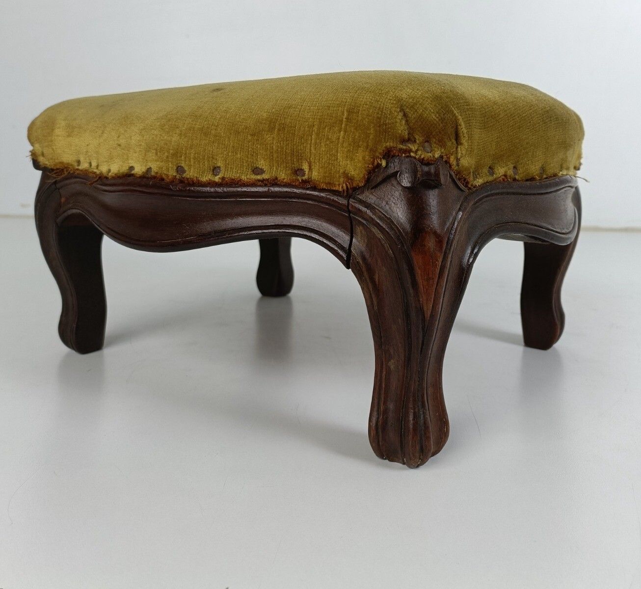 Antique Low Footstool Ottoman French  Fabric Louis XV Style Hobnails photo vinterior