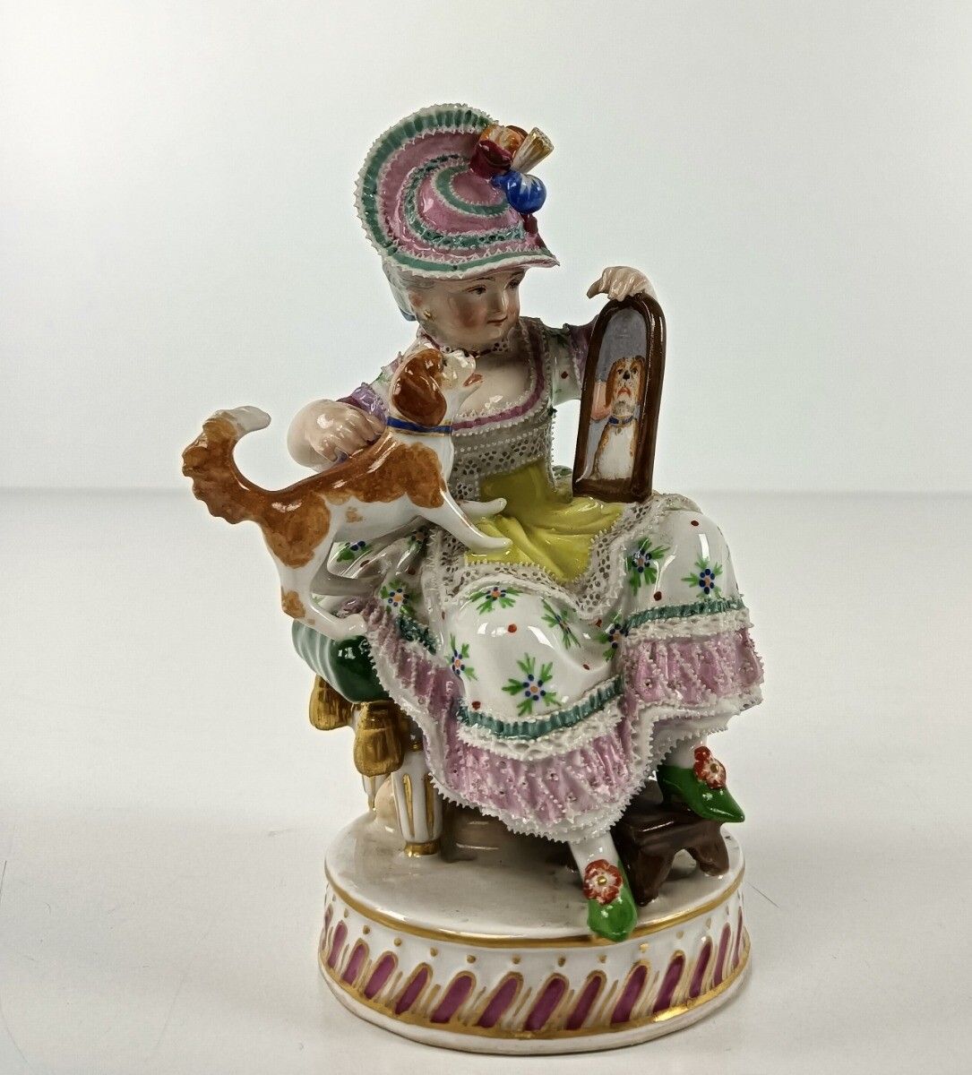 Antique 18th Century Meissen Figurine Porcelain Attributed By Acier Lady With Do photo for sale